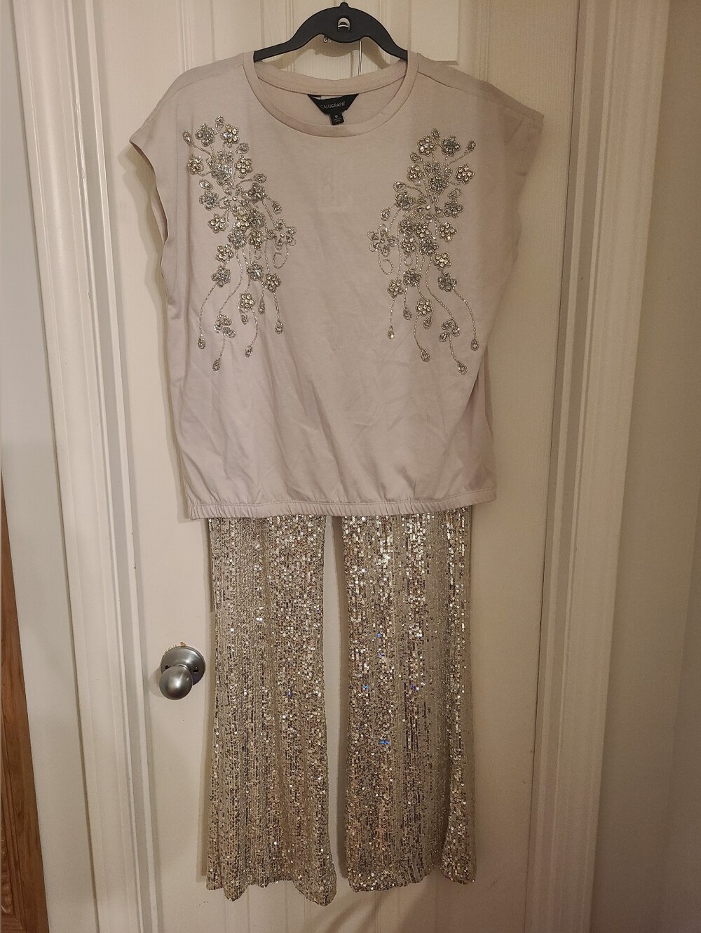 Sequin Flare Pants And Top Set - Silver